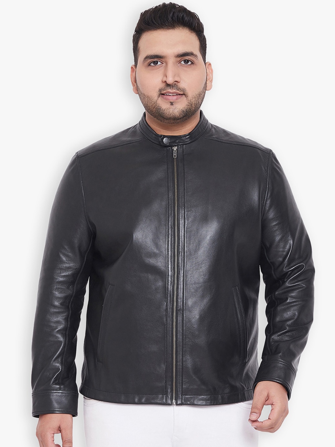 

Justanned Plus Men Black Solid Biker Jacket