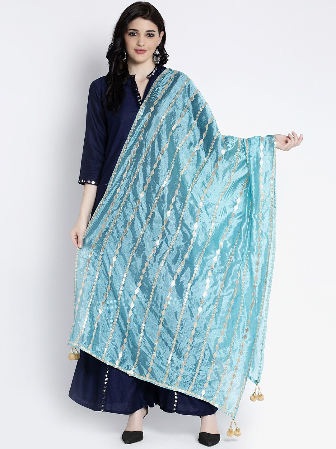 

Clora Creation Women Blue & Silver-Coloured Striped Gotta Patti Dupatta