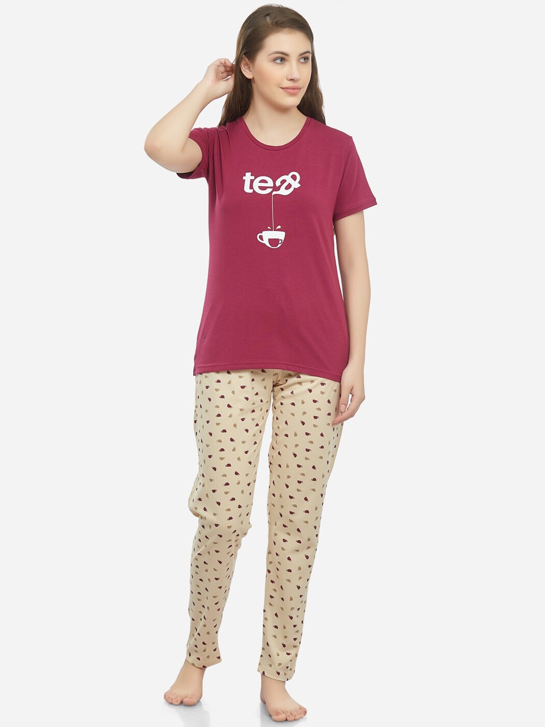 

Lenissa Women Burgundy & Cream-Coloured Printed Night Suit