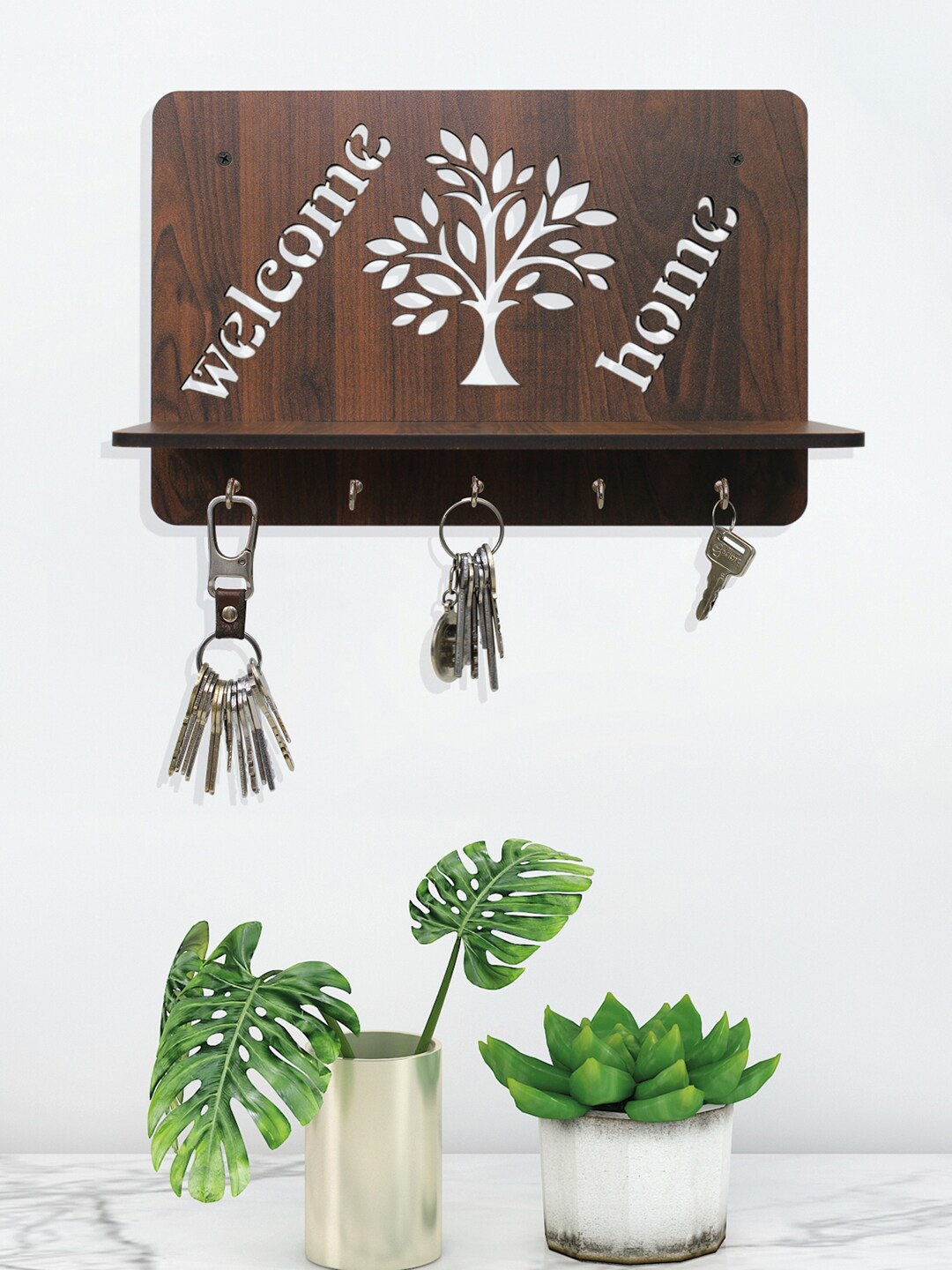 

RANDOM Brown Welcome Home With Tree Wall Shelf With 5 Key Holder