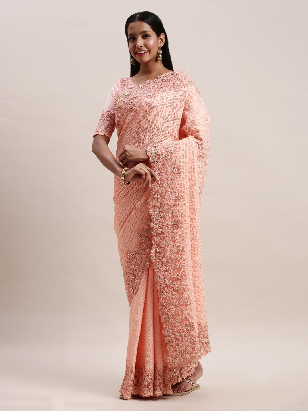Soch Pink Embroidered Poly Crepe Saree