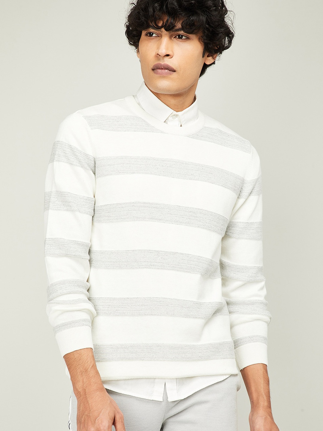 

CODE by Lifestyle Men White & Grey Striped Pullover
