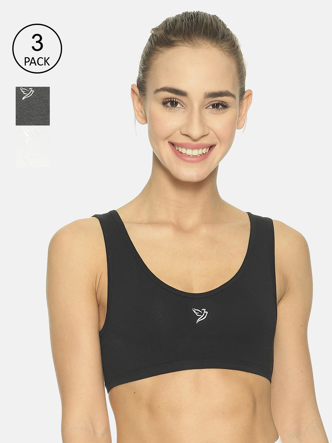 

TWIN BIRDS Pack Of 3 Solid Sports Bra 1532N_CB/PW/GR, Black