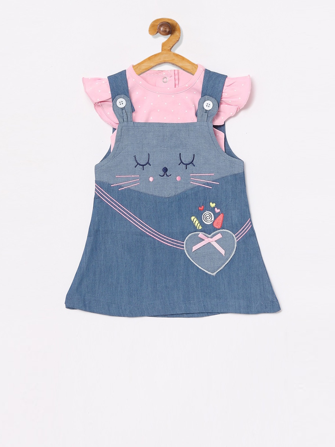 

BABY GO Infant Girls Pink & Blue Denim Dungaree With Top