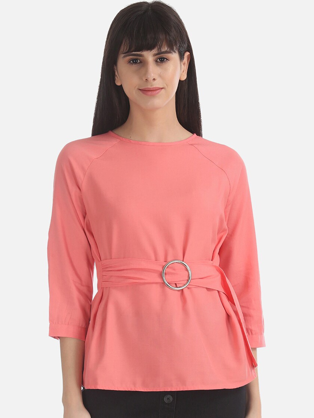 

Cherokee Women Coral Orange Solid Tie Up Front Top