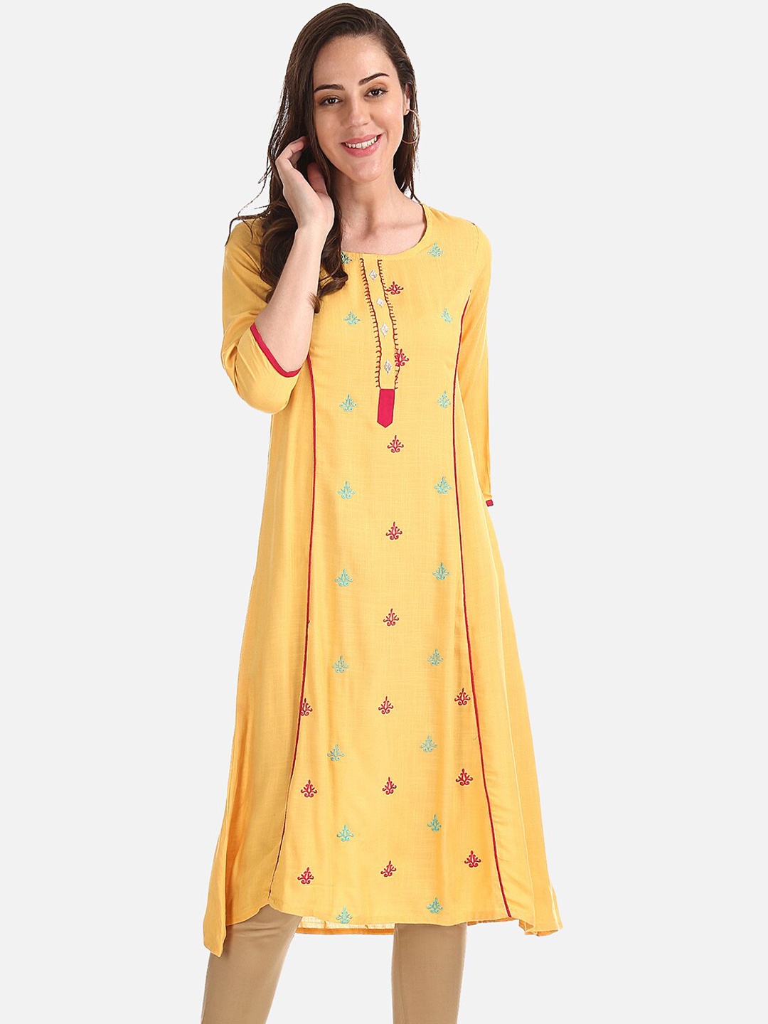 

Anahi Women Yellow & Blue Embroidered A-Line Kurta