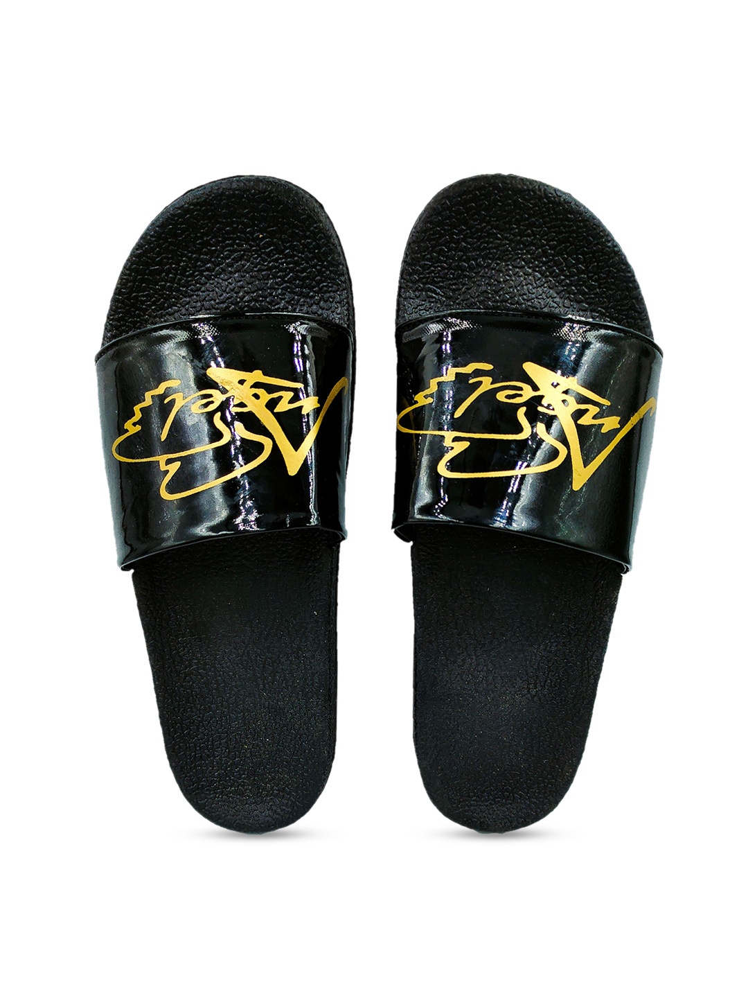

Pampy Angel Women Black & Gold-Toned Printed Sliders