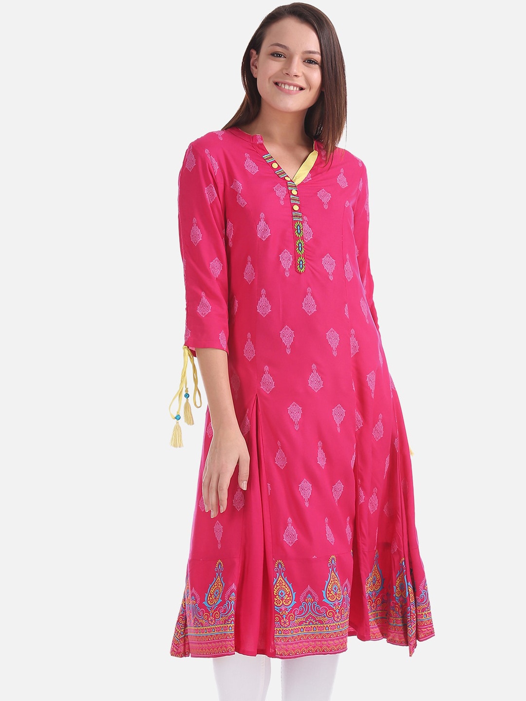 

Anahi Women Pink & White Woven Design A-Line Kurta