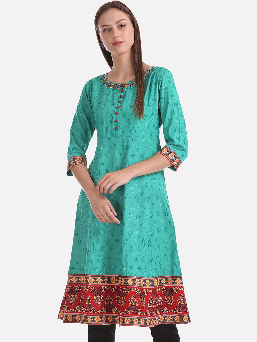 

Anahi Women Teal Green Printed A-Line Kurta