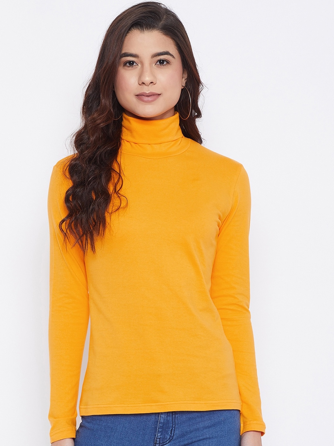 

Hypernation Women Mustard Yellow Solid High Neck T-shirt