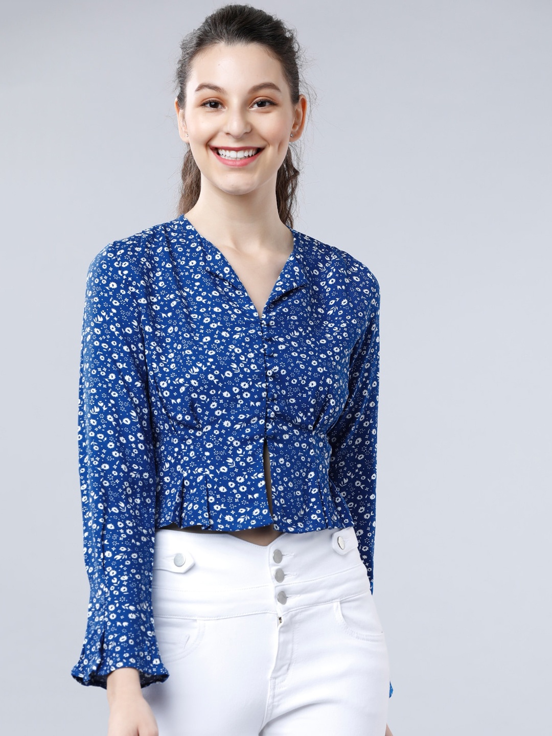 

Tokyo Talkies Women Blue Printed Shirt Style Top