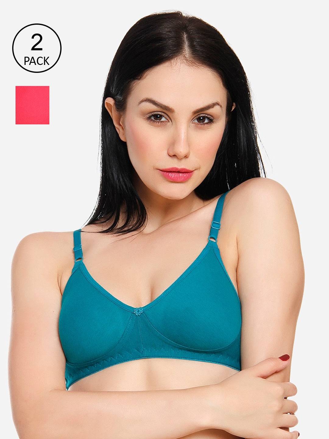 

Innocence Women Pack of 2 Solid Non-Padded Wireless T-shirt Bra BBAPLIN90792_28B, Coral
