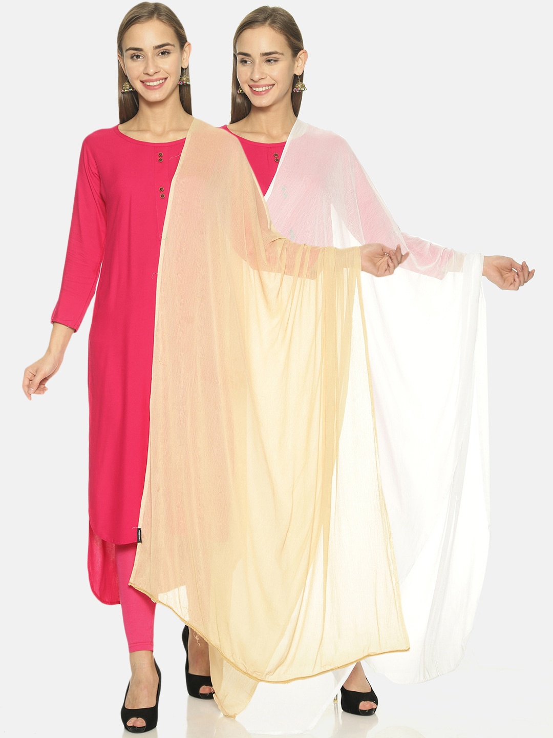 

TWIN BIRDS Set Of 2 Solid Nylon chiffon Light-weight Dupatta, White