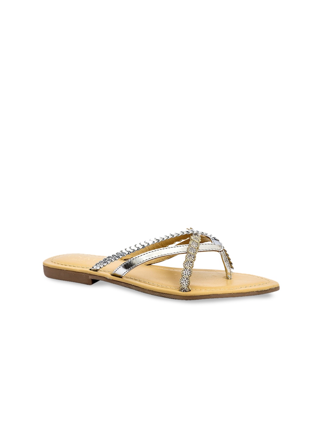 Eske Women Silver-Toned Embellished Leather Open Toe Flats