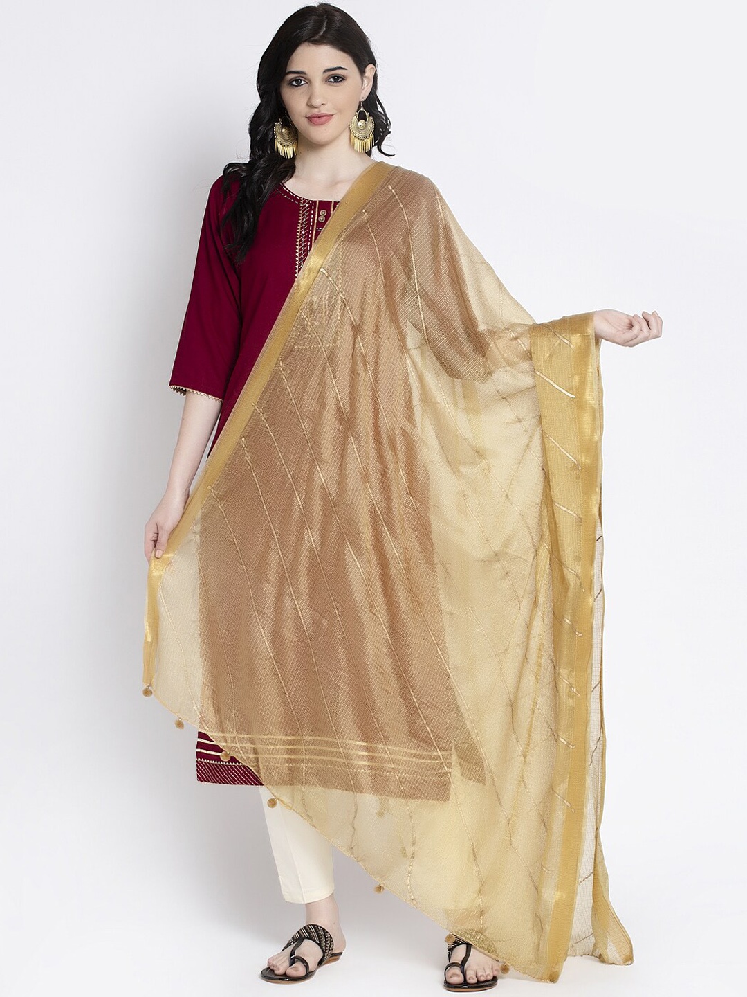 

Clora Creation Women Beige & Gold-Coloured Striped Kota Dupatta