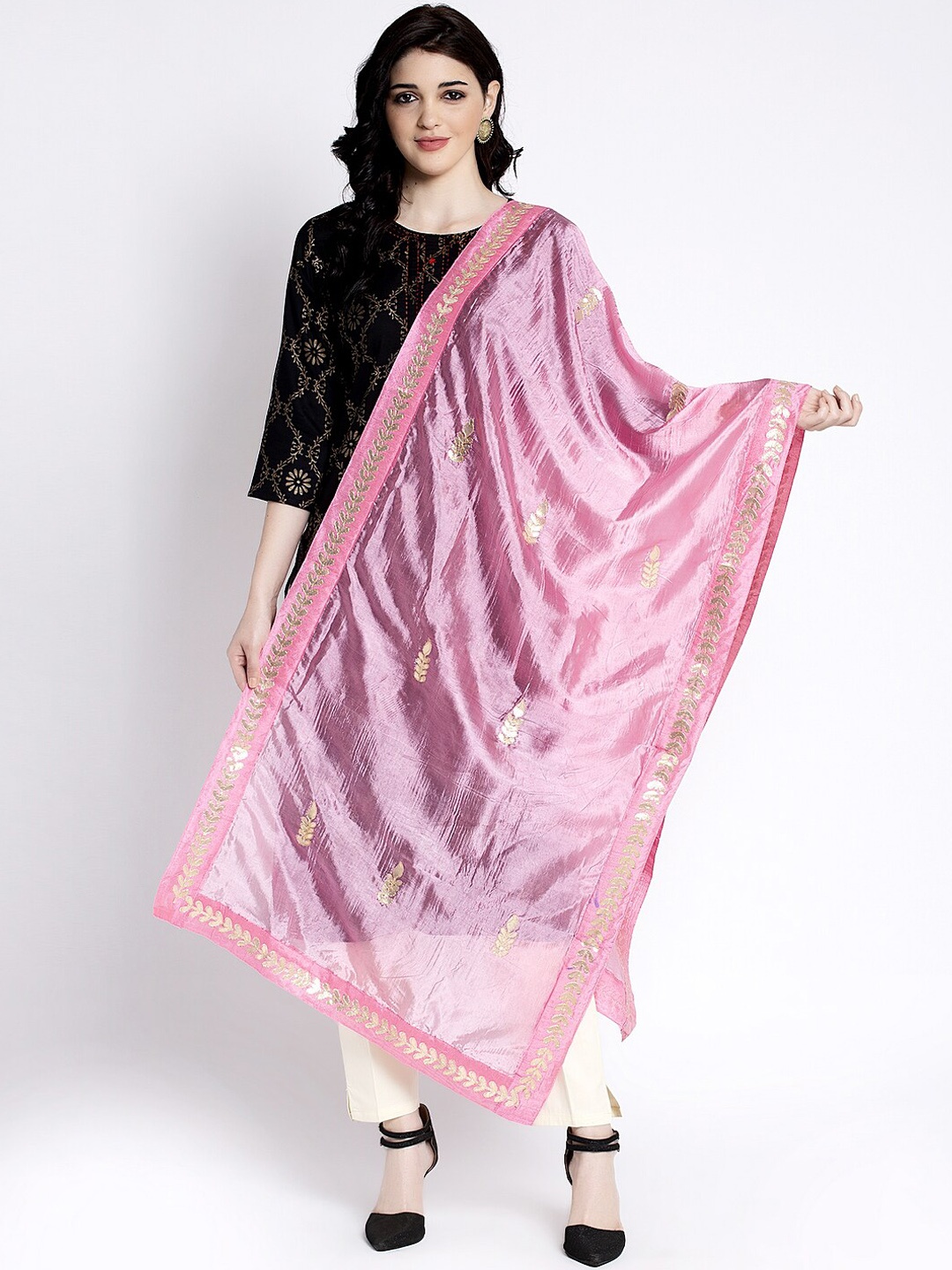 

Clora Creation Women Pink Solid Gotta Patti Embroidered Dupatta
