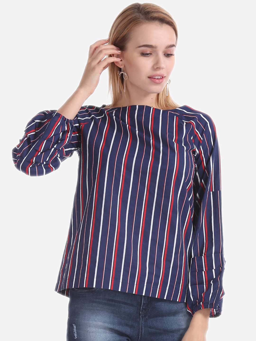 

Cherokee Women Navy Blue Striped Pure Cotton Top
