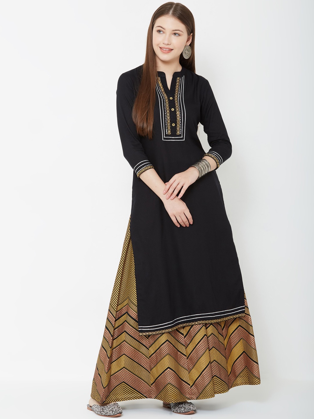 

FASHOR Women Black & Mustard Yellow Solid Kurta with Palazzos
