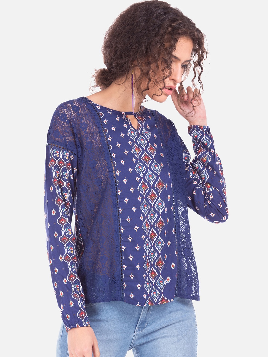 

Cherokee Women Navy Blue Printed A-Line Top