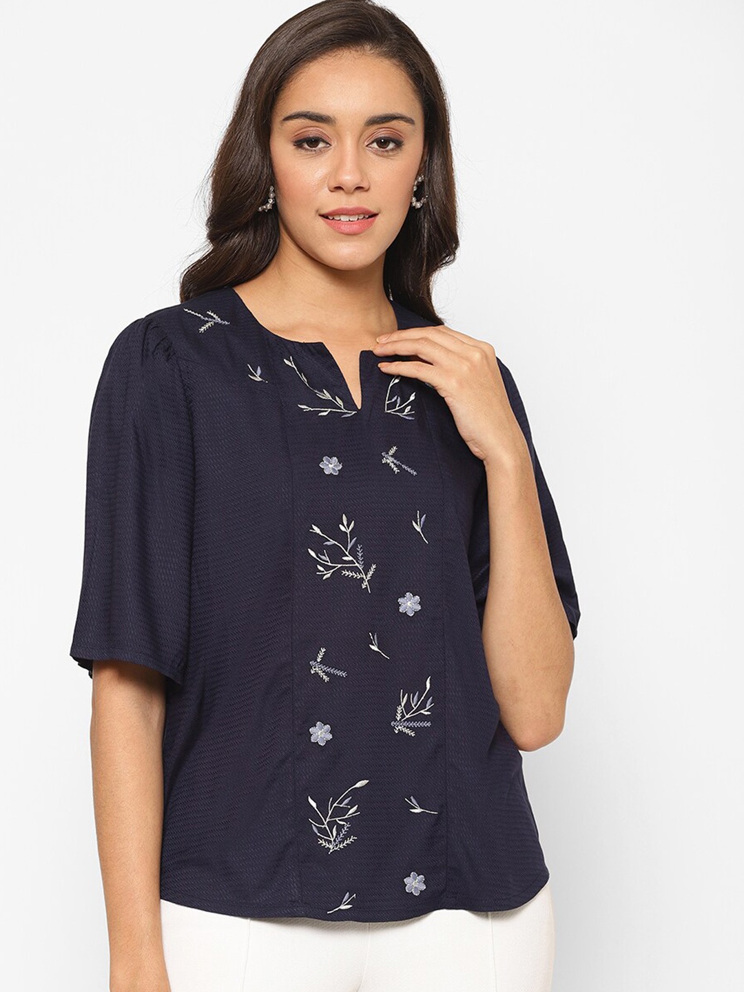 HOUSE OF KKARMA Women Navy Blue Printed Top