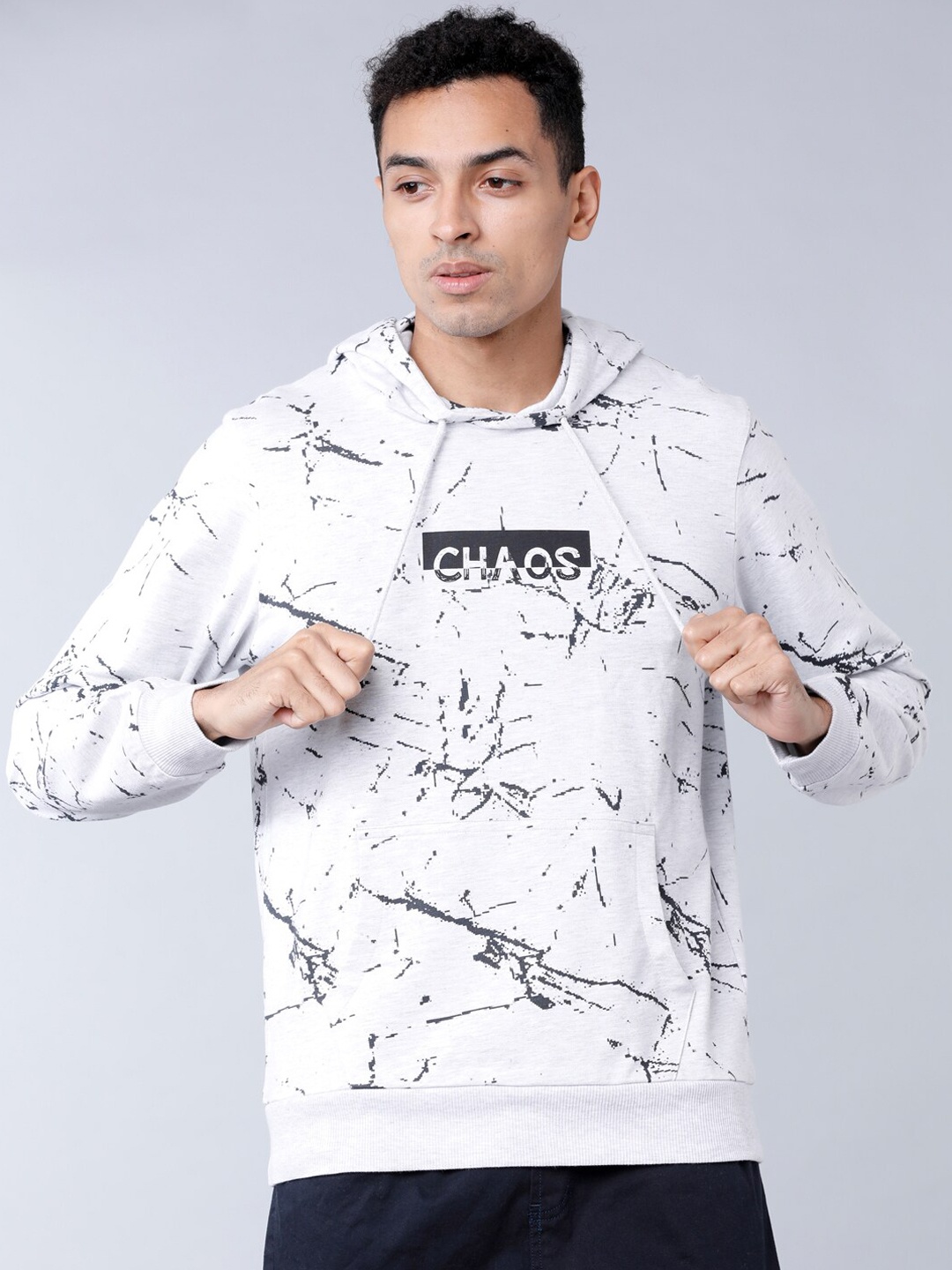 LOCOMOTIVE Men White & Grey Printed Hooded Sweatshirt