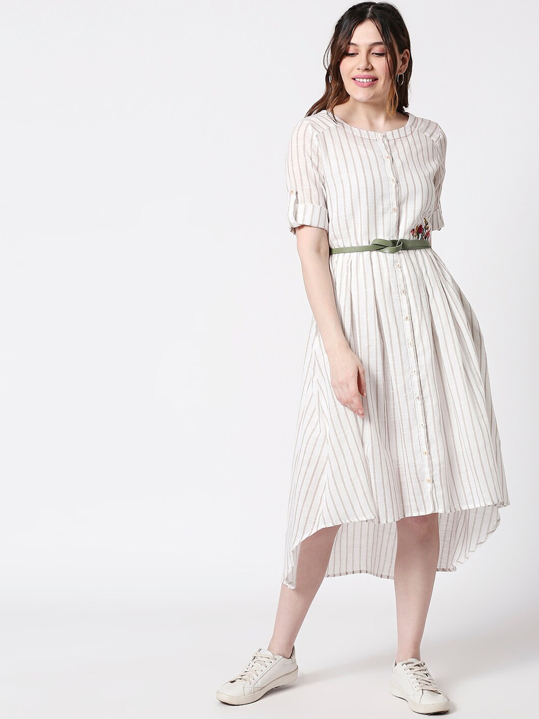 

TERQUOIS Women Off-White Striped Fit and Flare Dress