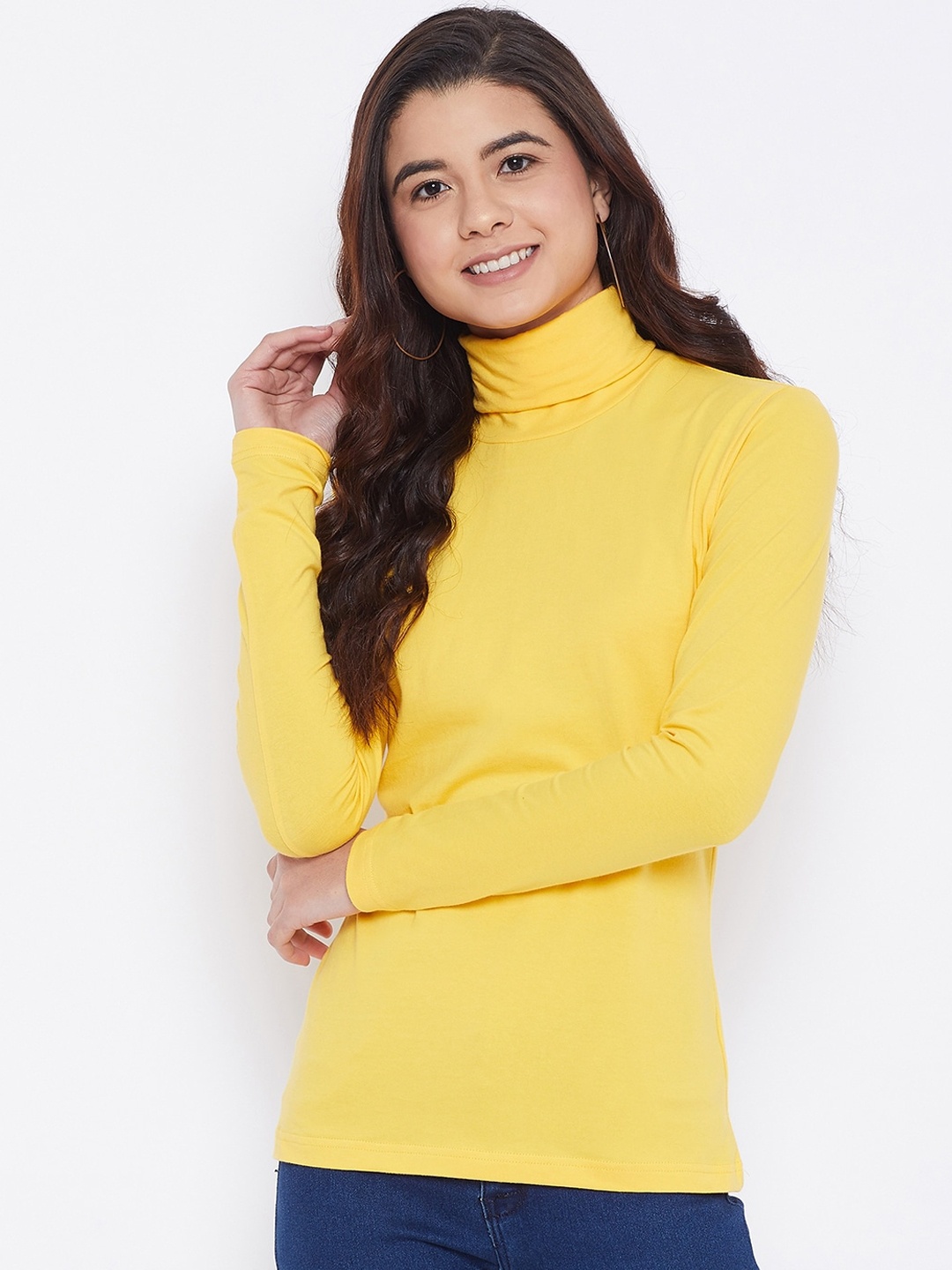 

Hypernation Women Yellow Solid Turtle Neck T-shirt