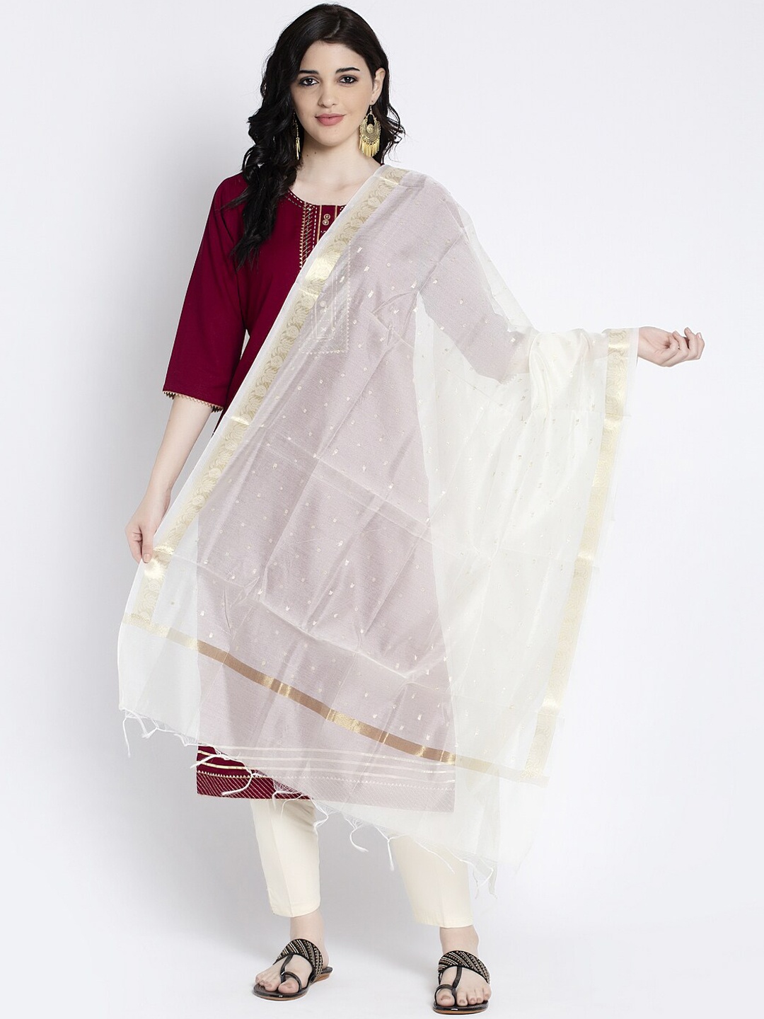 

Clora Creation Women Off White & Gold-Coloured Printed Dupatta
