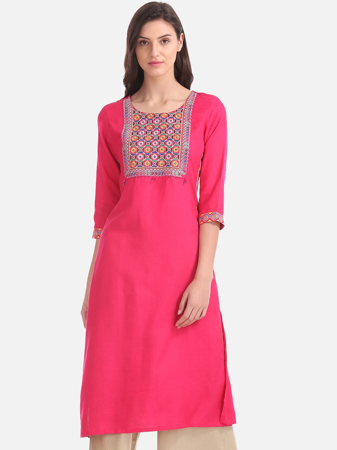 

Anahi Women Pink & Blue Yoke Design Straight Kurta