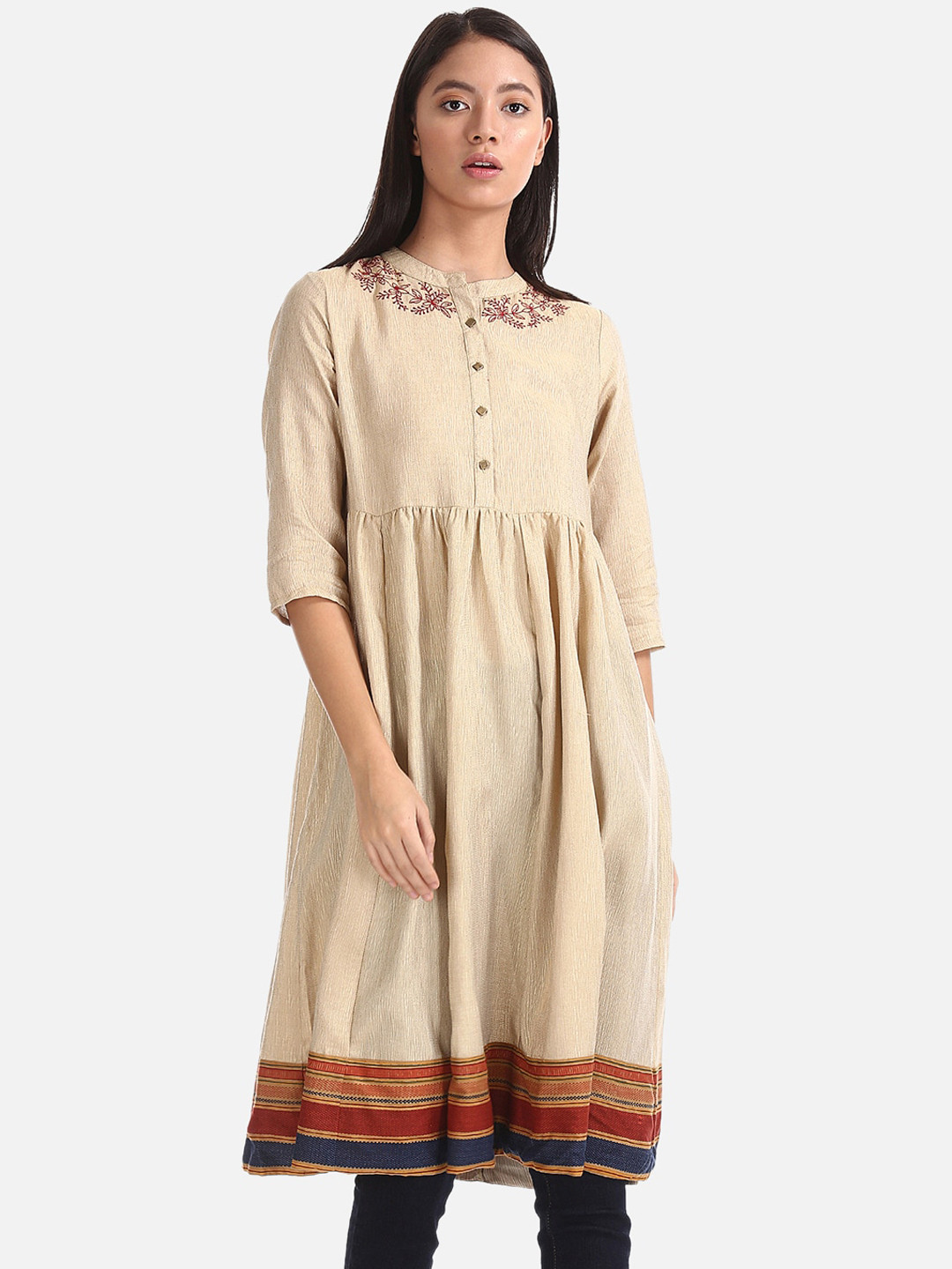 

Anahi Women Beige & Brown Embroidered A-Line Crinkled Kurta