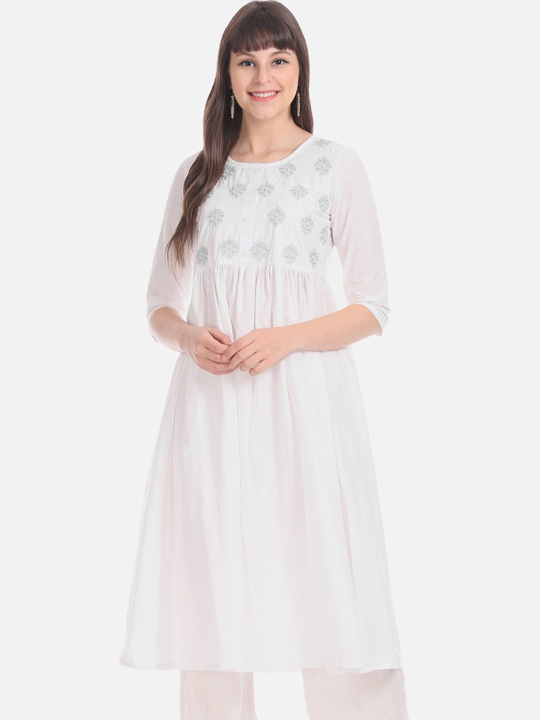

Anahi Women White Embroidered A-Line Kurta