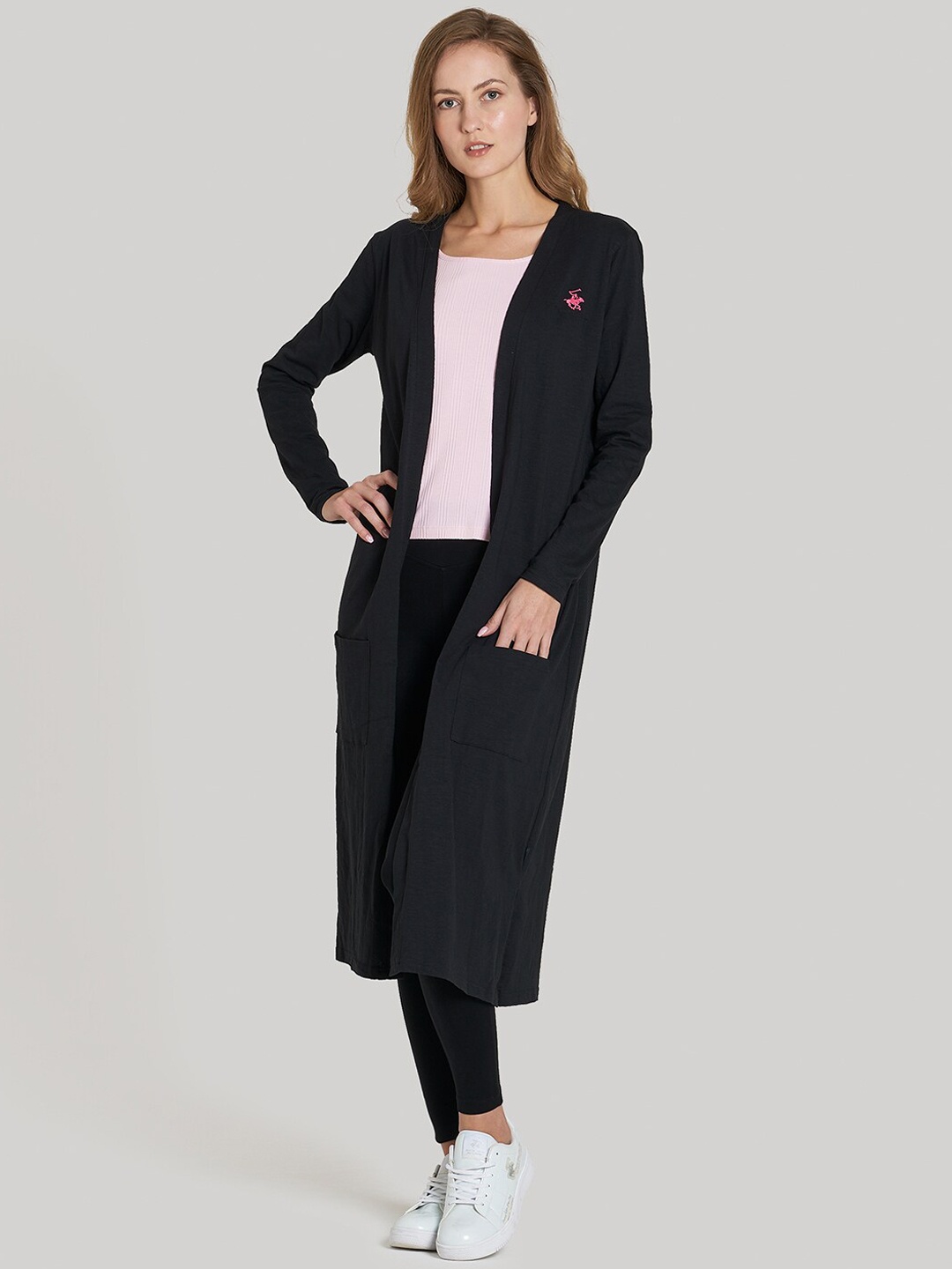 

Beverly Hills Polo Club Women Black Solid Open Front Shrug