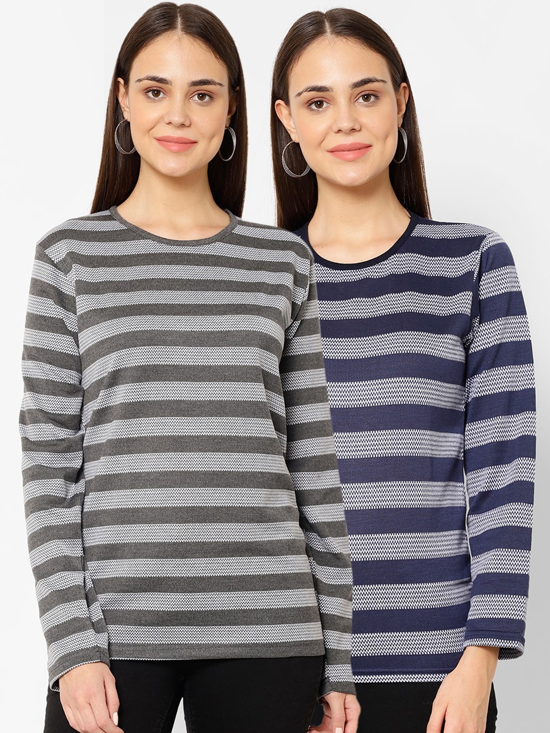 

VIMAL JONNEY Women Pack Of 2 Striped Round Neck T-shirts, Grey
