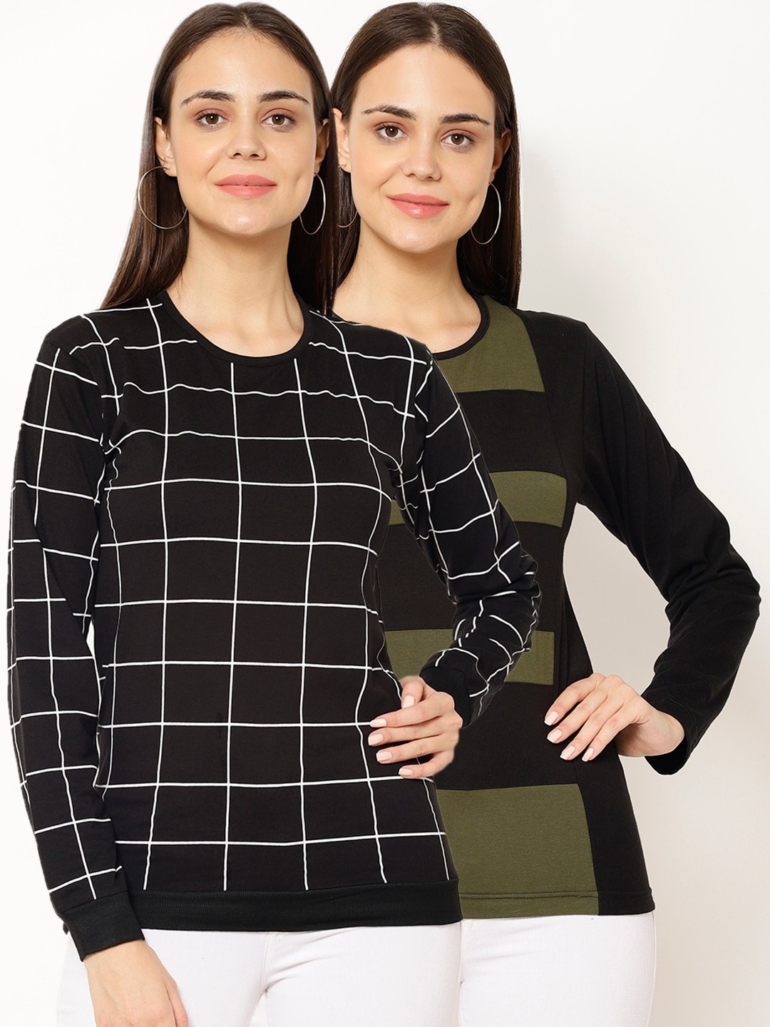 

VIMAL JONNEY Women Pack Of 2 Checked Round Neck T-shirt, Multi