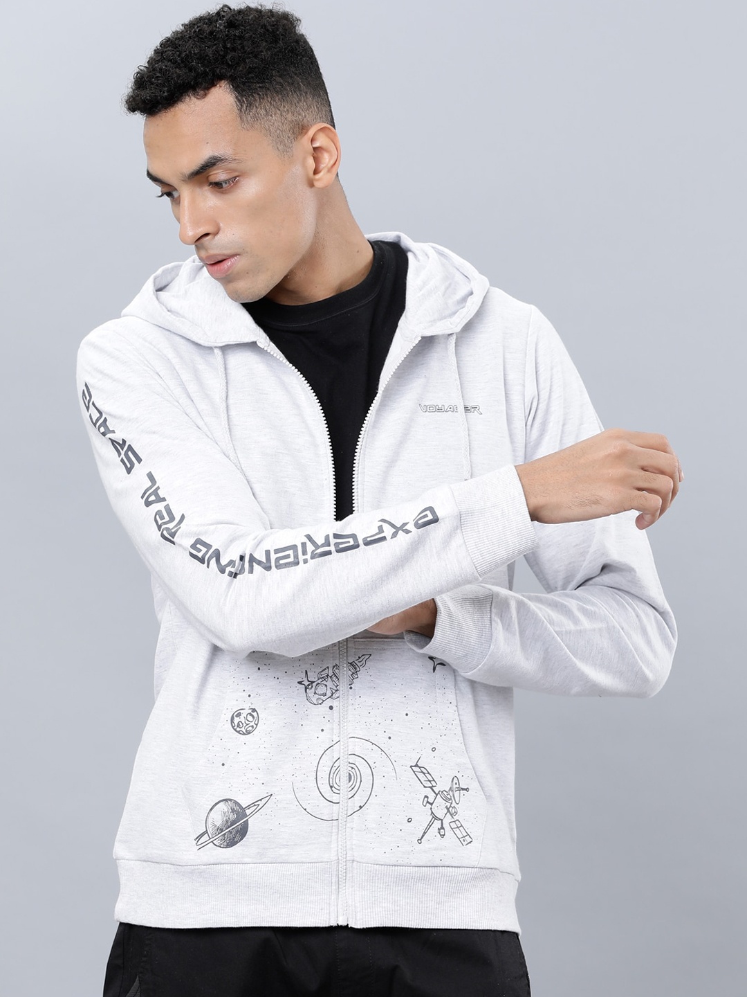 

LOCOMOTIVE Men Grey Printed Hooded Sweatshirt