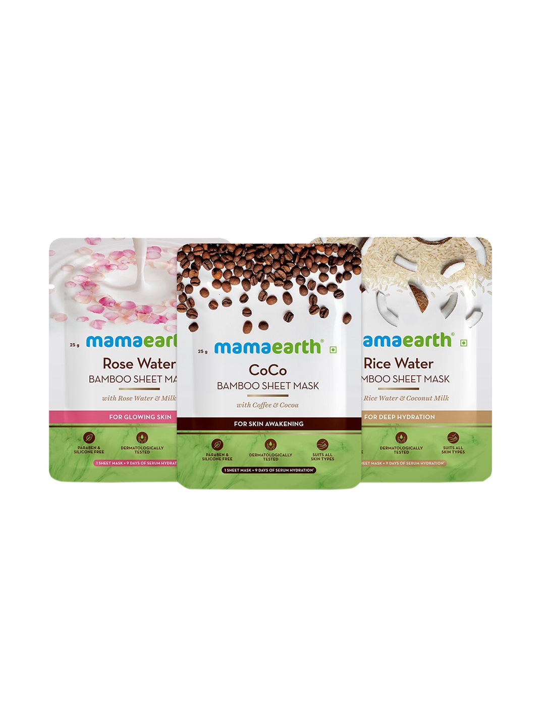 

Mamaearth Unisex Rice Water, Rose Water & CoCo Bamboo Sheet Masks, Multi