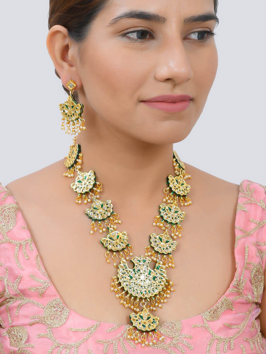 Silvermerc Gold-Plated Green & White Kundan Studded Jewellery Set
