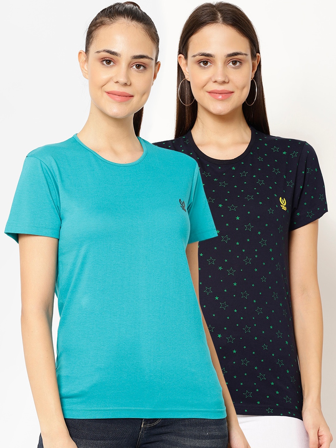 

MACK JONNEY Women Pack of 2 Printed Round Neck T-shirts, Blue