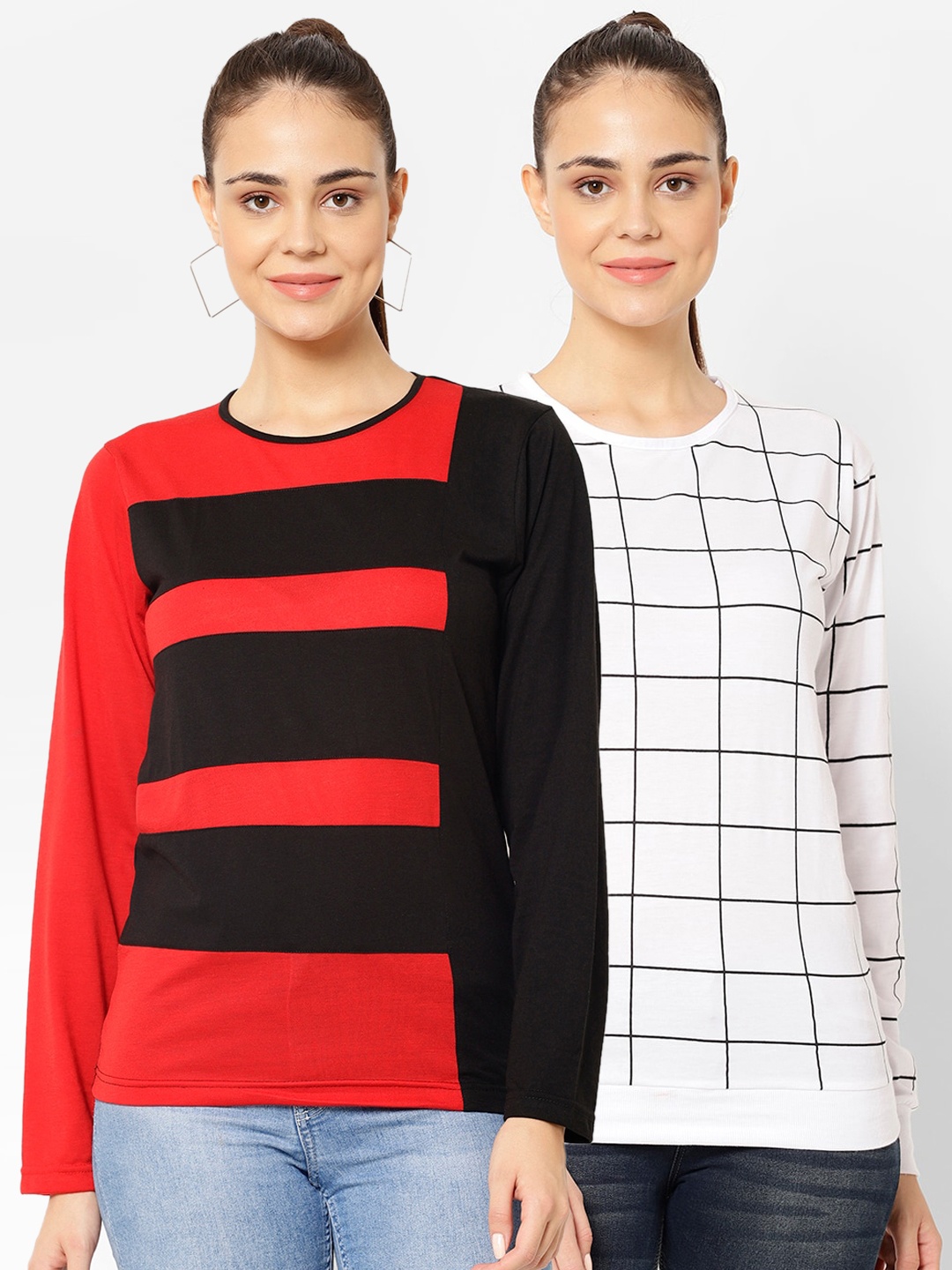 

VIMAL JONNEY Women Multicoloured Checked Scoop Neck T-shirt, Multi