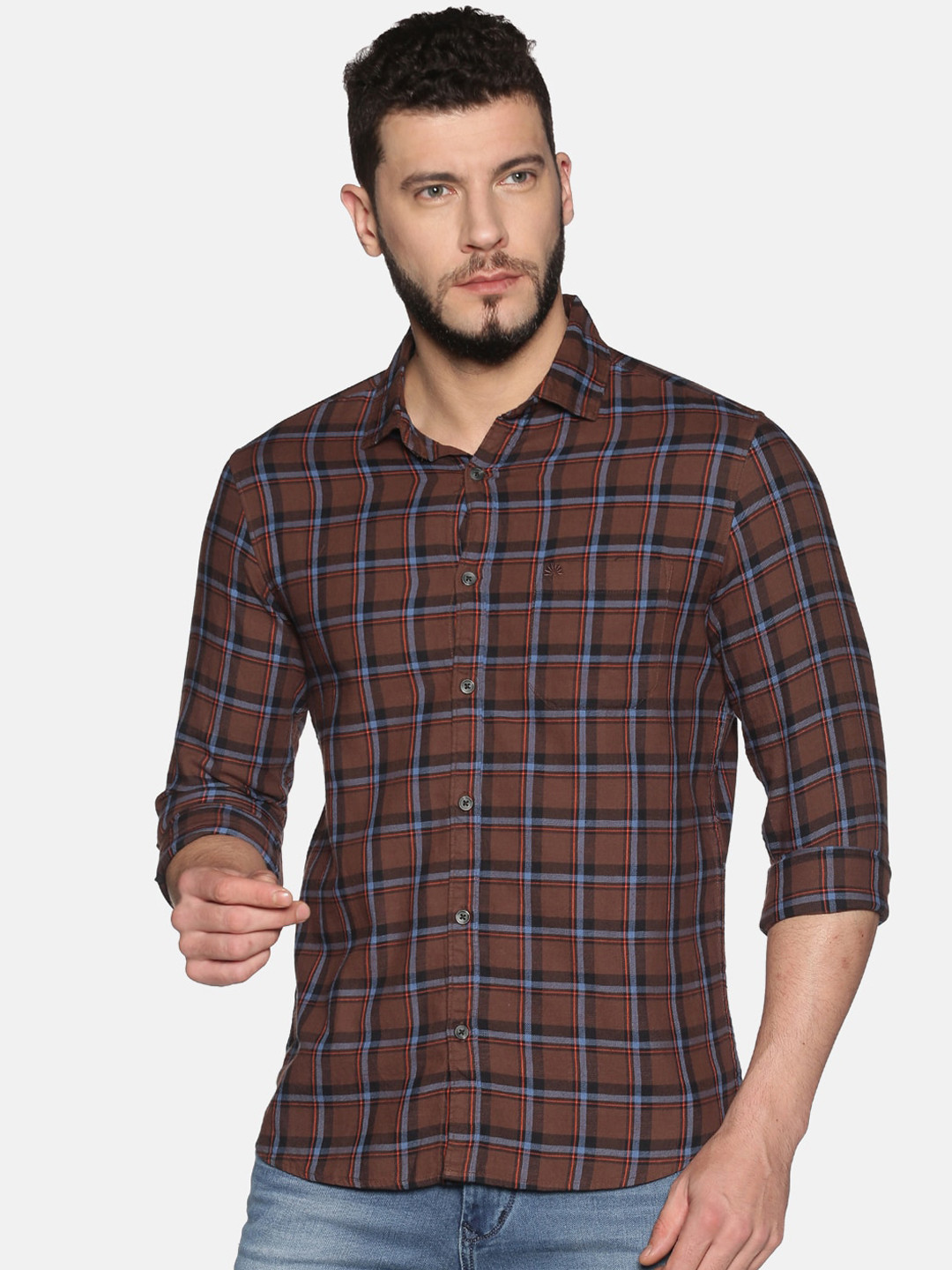 

Chennis Men Brown & Blue Slim Fit Checked Casual Shirt