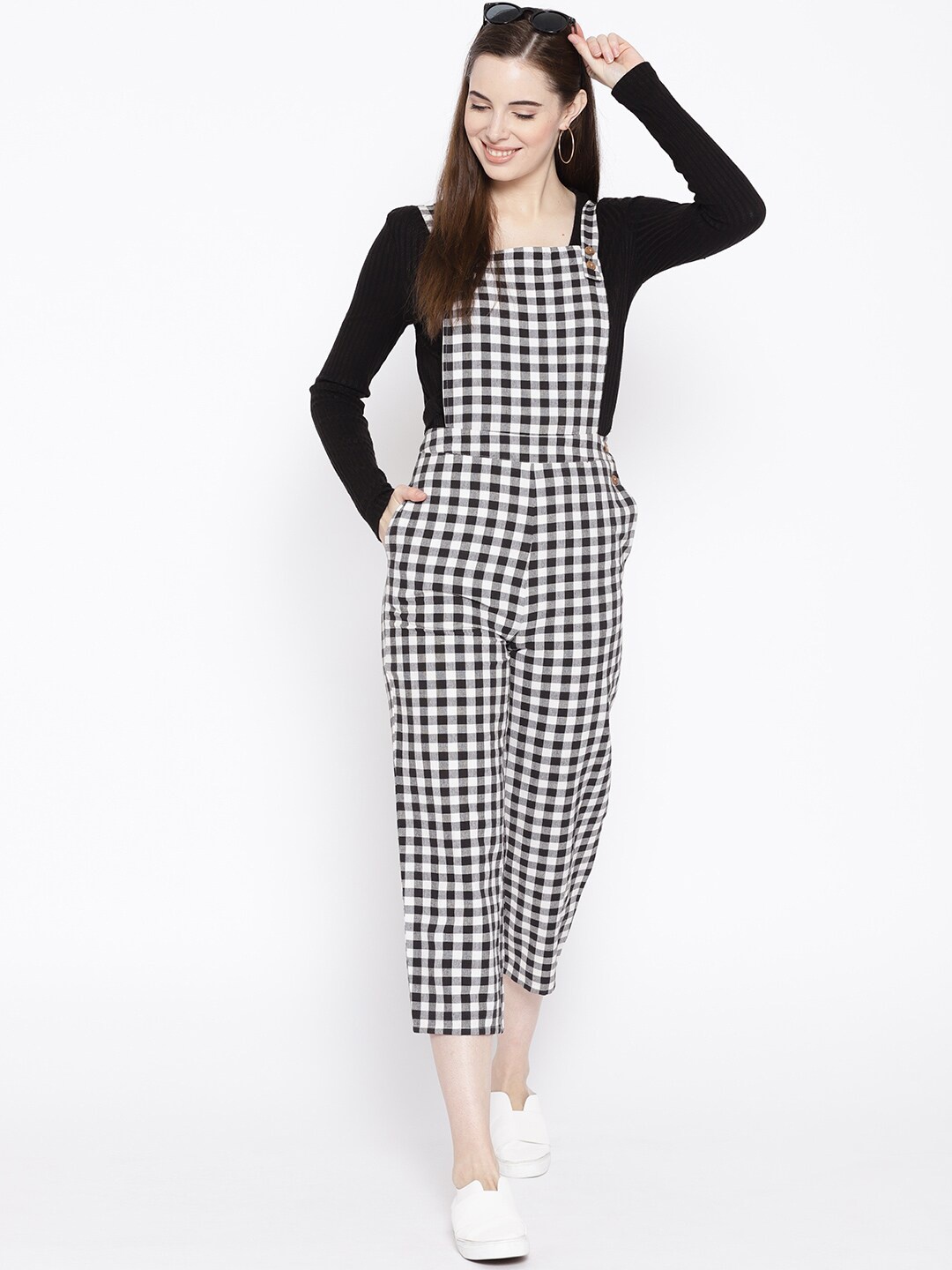 DODO & MOA Women Black & White Checked Dungarees