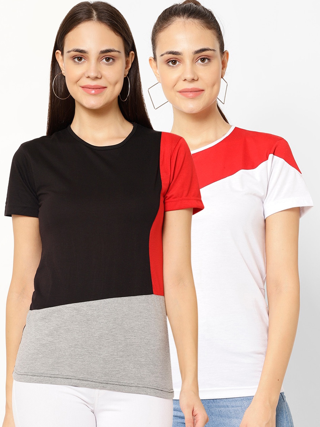 

VIMAL JONNEY Women Pack of 2 Printed Round Neck T-shirts, Black