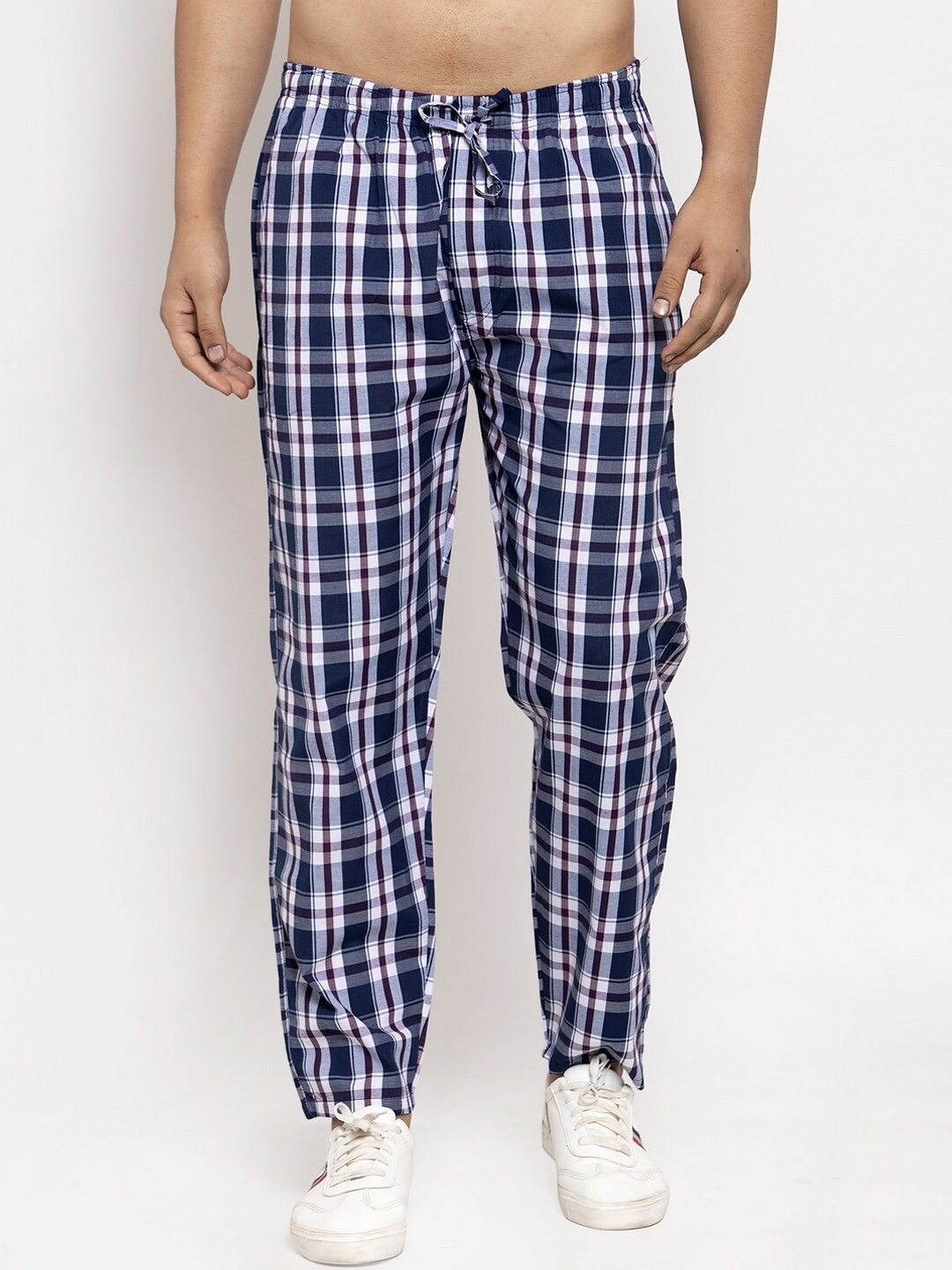 

JAINISH Men Navy Blue & White Checked Straight-Fit Track Pants