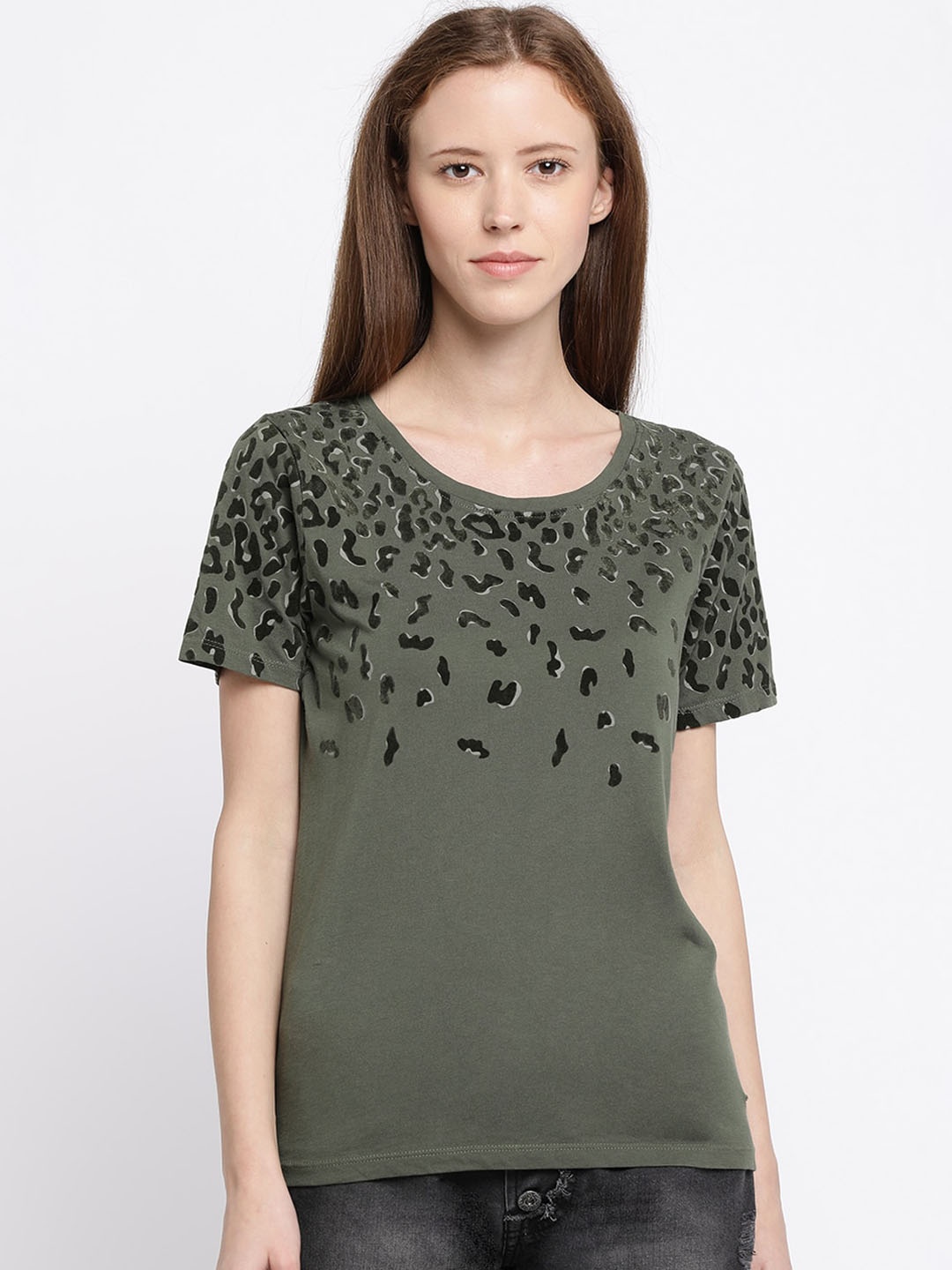 

Pepe Jeans Women Olive Green Printed Round Neck T-shirt