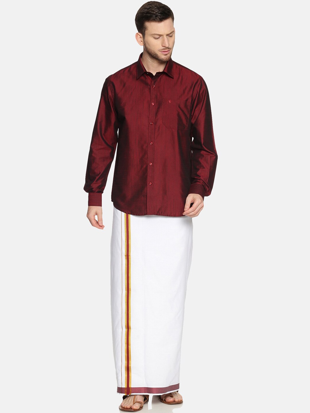 

Ramraj Men Maroon & White Solid Shirt with Dhoti