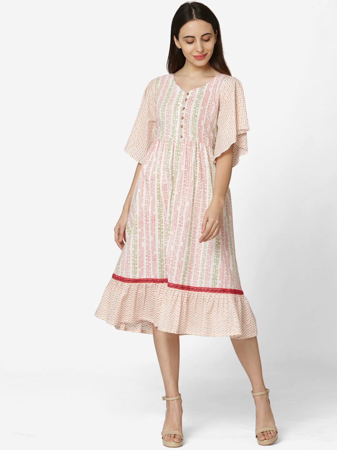 

Saanjh Women Off-White Printed Fit & Flare Dress