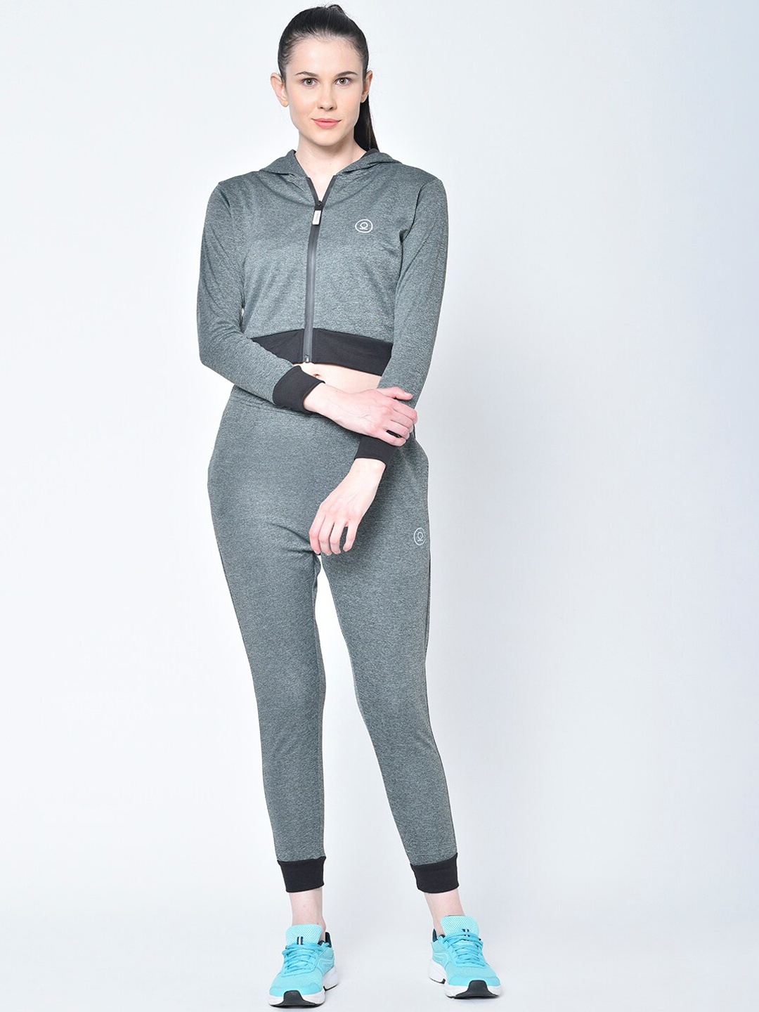 

Chkokko Women Grey Melange & Black Solid Tracksuit
