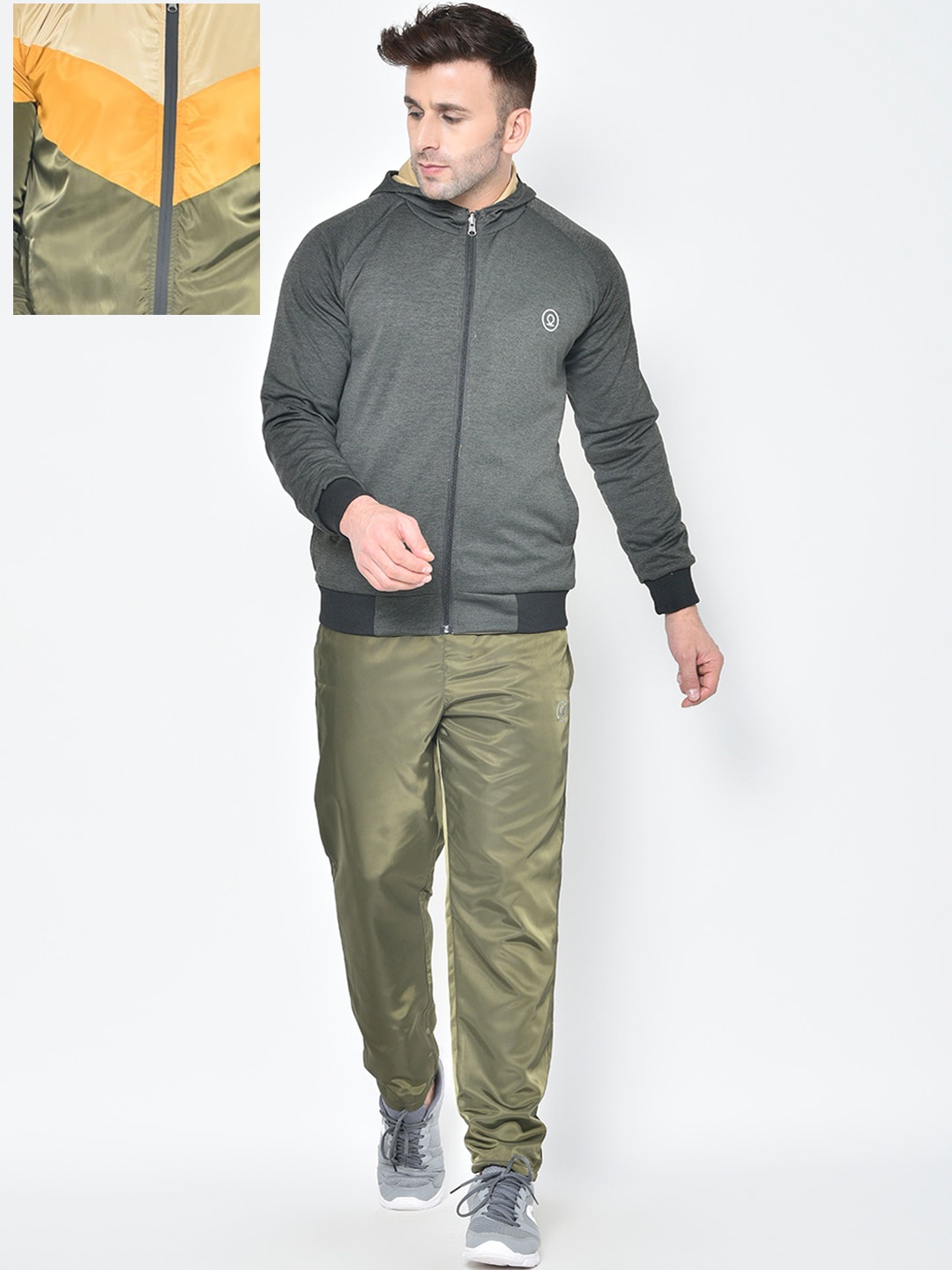 

CHKOKKO Men Beige & Olive Green Colourblocked Tracksuit