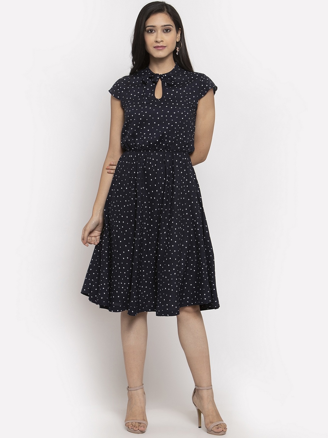 

Just Wow Women Navy Blue Printed Fit and Flare Dress