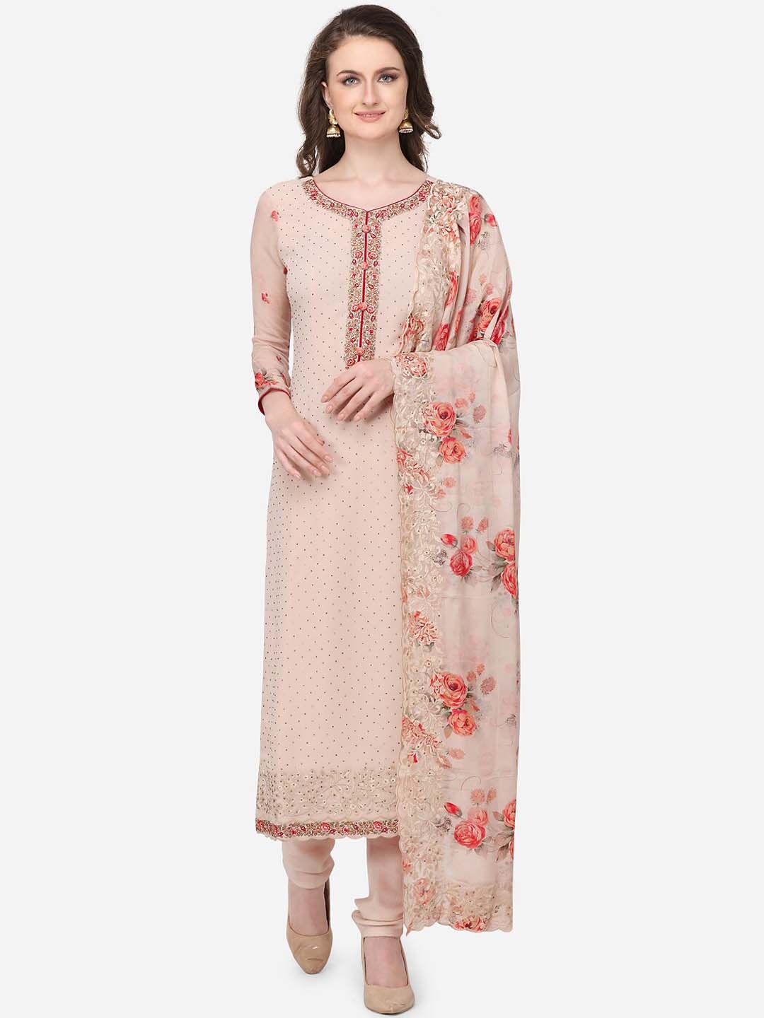 

Stylee LIFESTYLE Beige Poly Georgette Unstitched Dress Material